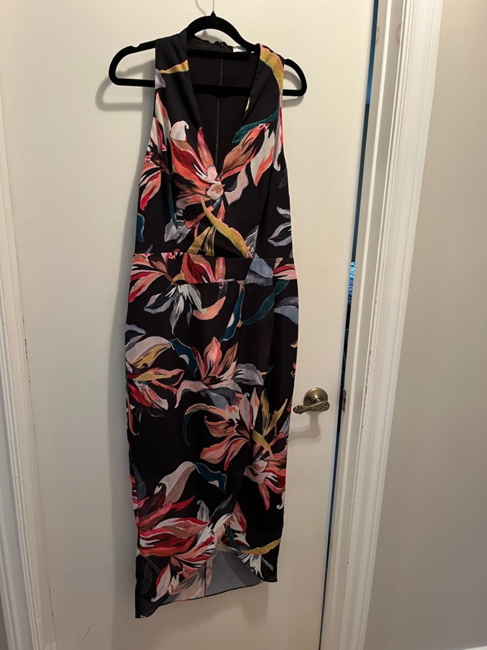 Black Floral Midi Dress with V-Neck